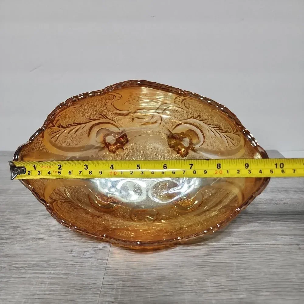 Vintage Indiana Marigold Footed Carnival Glass‎ Oval Bowl Compote Scalloped Edge